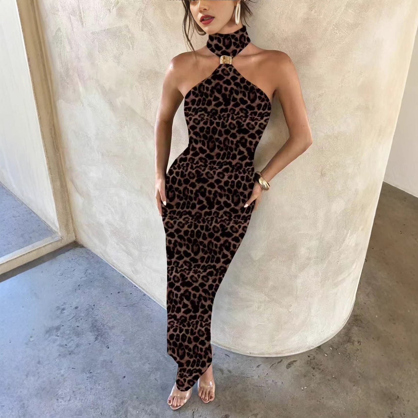 Bodycon Leopard Print Maxi Dress with Halter Neck
