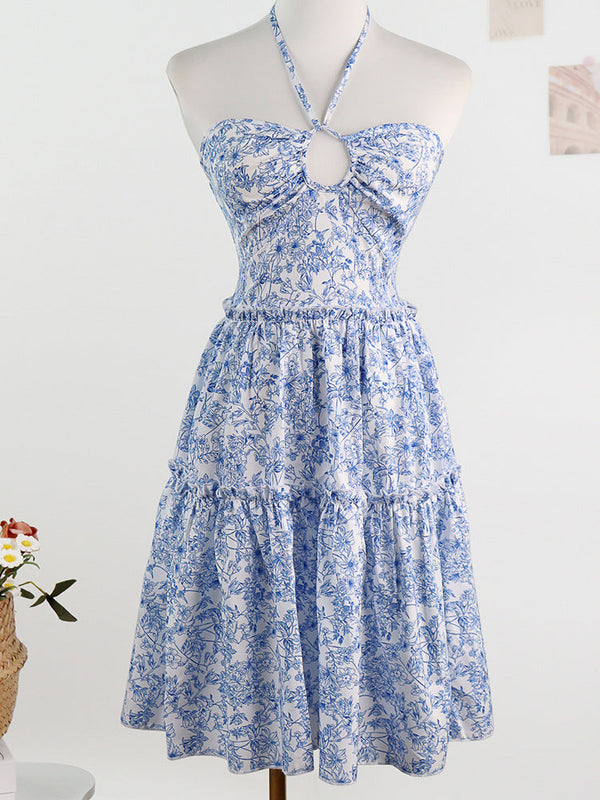 Floral Halter Midi Dress with Keyhole Detail and Tiered Skirt