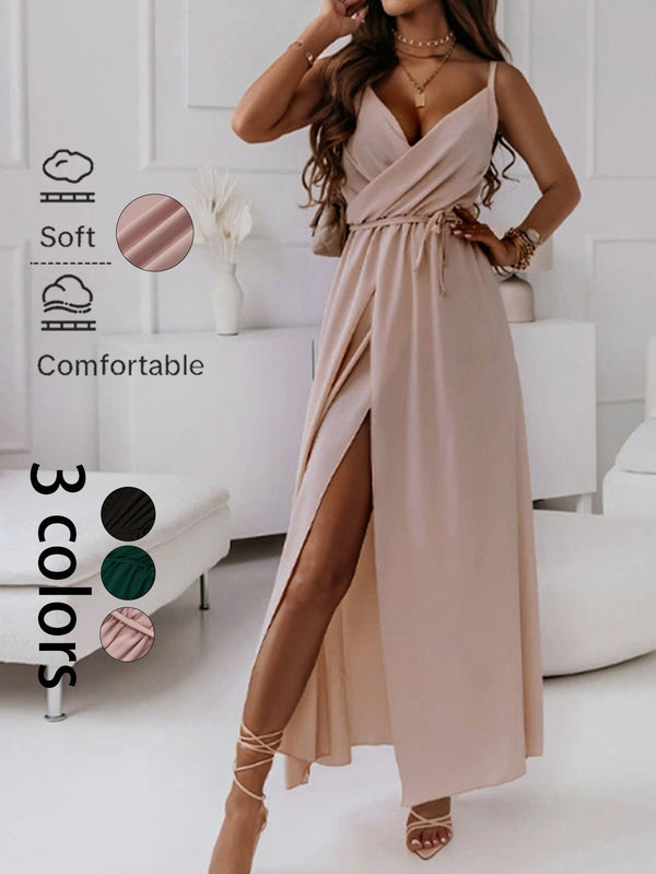 Sleeveless Wrap Maxi Dress with V-Neck and High Slit