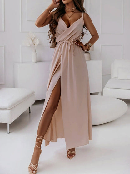Sleeveless Wrap Maxi Dress with V-Neck and High Slit