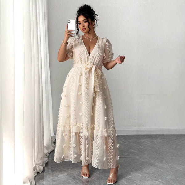 A-Line Maxi Dress with 3D Floral Applique and Puff Sleeves
