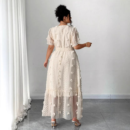 A-Line Maxi Dress with 3D Floral Applique and Puff Sleeves