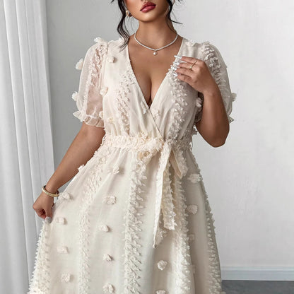 A-Line Maxi Dress with 3D Floral Applique and Puff Sleeves