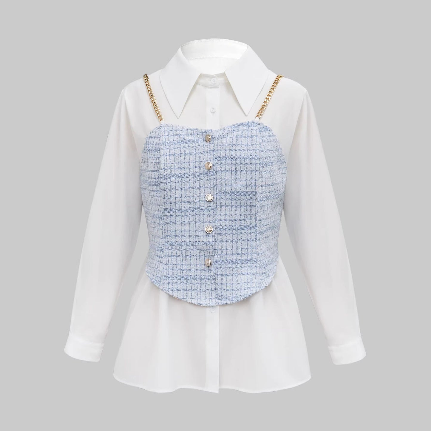 Plaid Tweed Layered Shirt with Chain Straps
