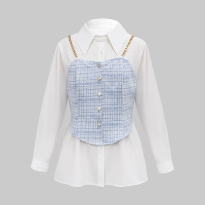 Plaid Tweed Layered Shirt with Chain Straps