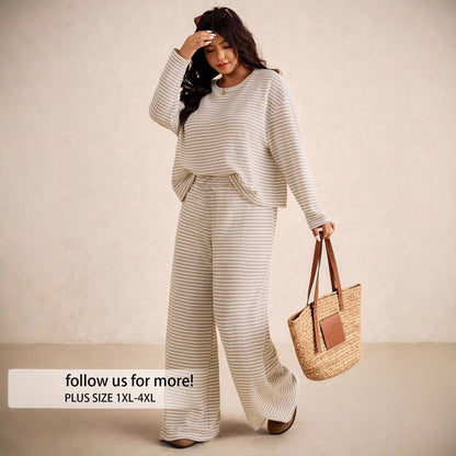 Striped Textured Knit Two-Piece Set with Wide-Leg Trousers