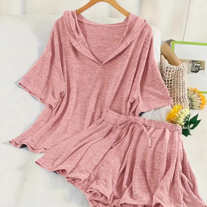 Short-Sleeve Hooded Lounge Set with Wide-Leg Shorts