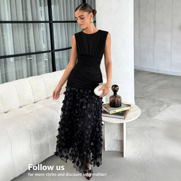 Ruched Sleeveless Maxi Dress with 3D Floral Appliqué