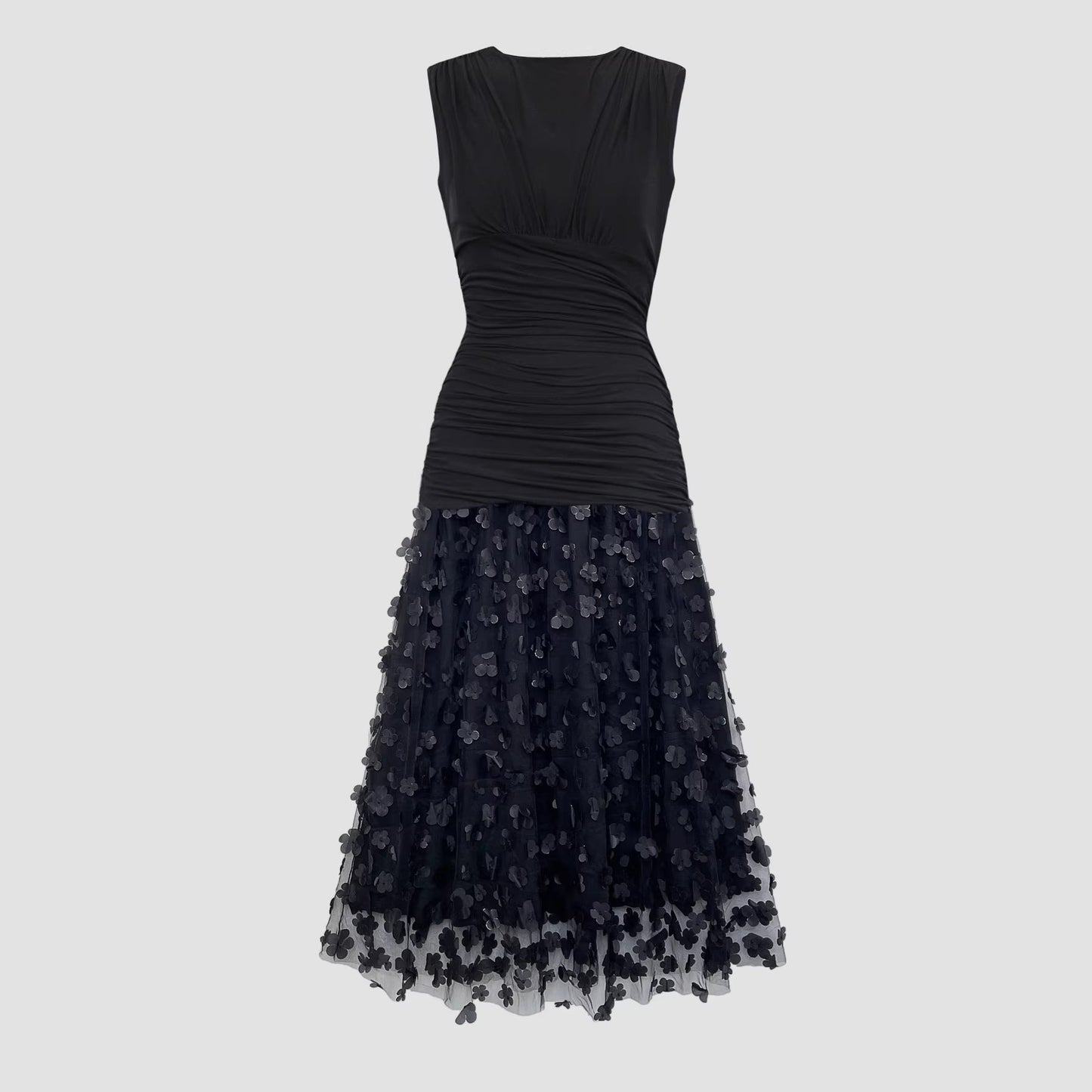 Ruched Sleeveless Maxi Dress with 3D Floral Appliqué