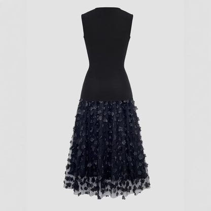 Ruched Sleeveless Maxi Dress with 3D Floral Appliqué