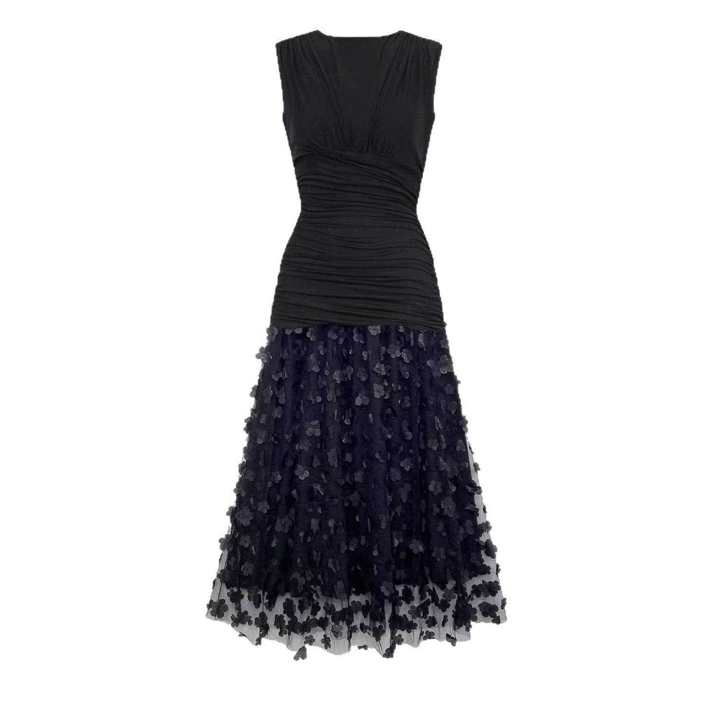 Ruched Sleeveless Maxi Dress with 3D Floral Appliqué