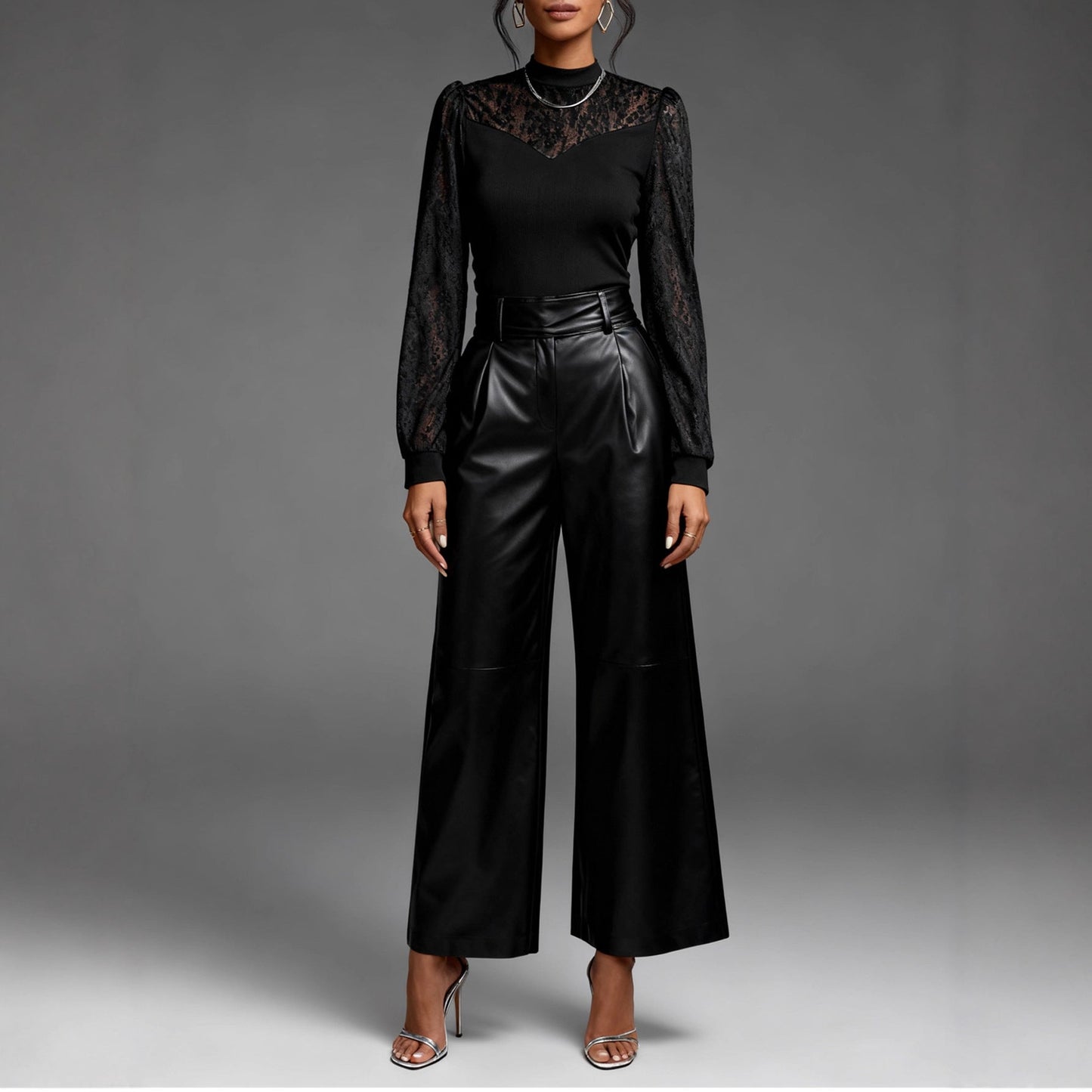 Mock Neck Long Sleeve Top with Sheer Lace Yoke and Sleeves