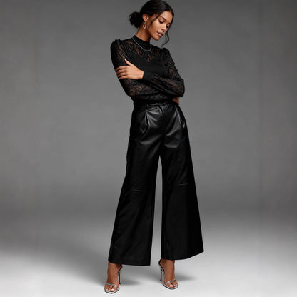 Mock Neck Long Sleeve Top with Sheer Lace Yoke and Sleeves