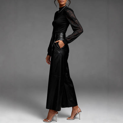 Mock Neck Long Sleeve Top with Sheer Lace Yoke and Sleeves
