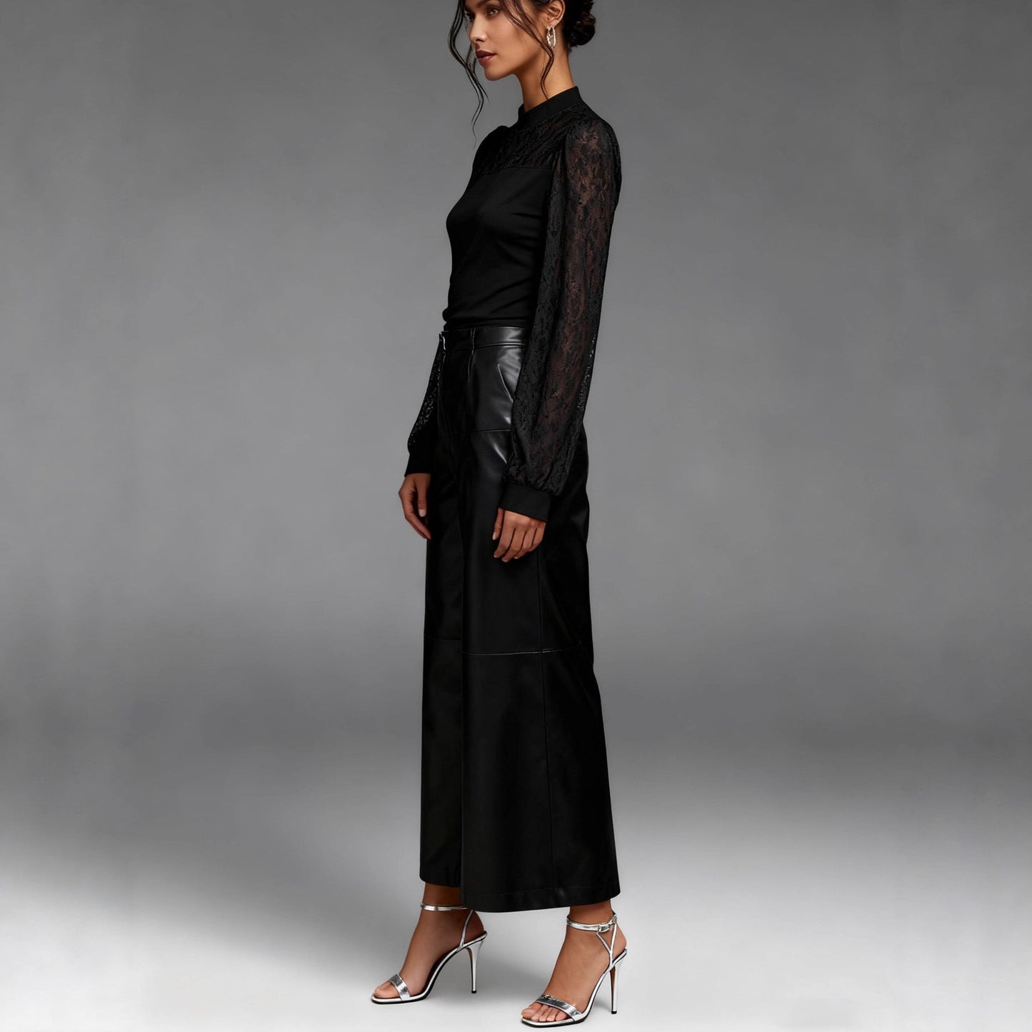 Mock Neck Long Sleeve Top with Sheer Lace Yoke and Sleeves