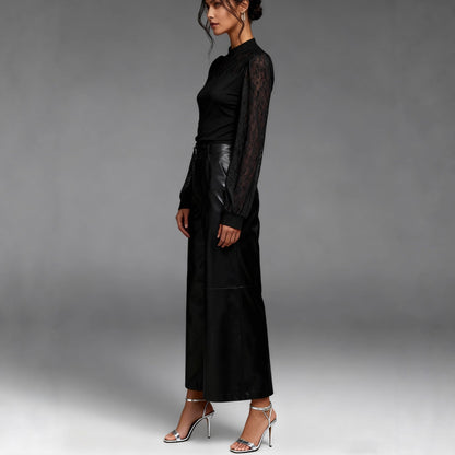 Mock Neck Long Sleeve Top with Sheer Lace Yoke and Sleeves