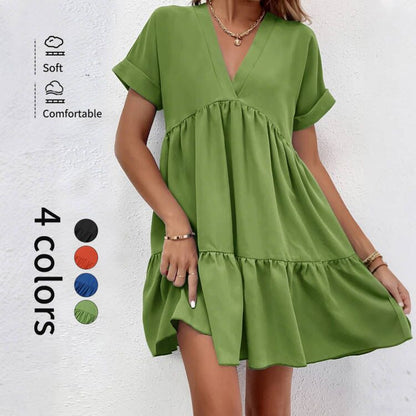 Tiered Babydoll Mini Dress with V-Neck and Short Sleeves