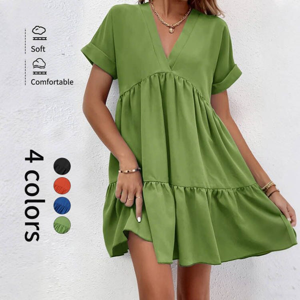 Tiered Babydoll Mini Dress with V-Neck and Short Sleeves
