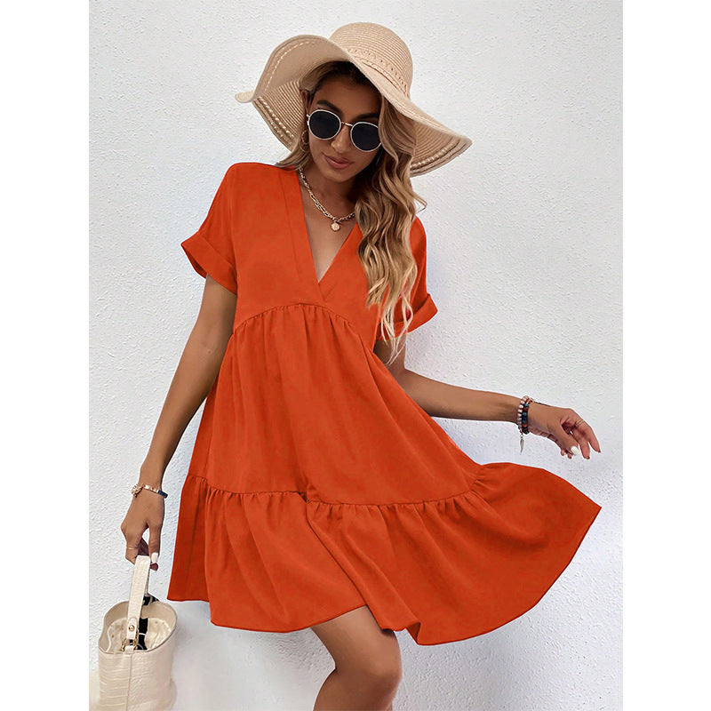Tiered Babydoll Mini Dress with V-Neck and Short Sleeves
