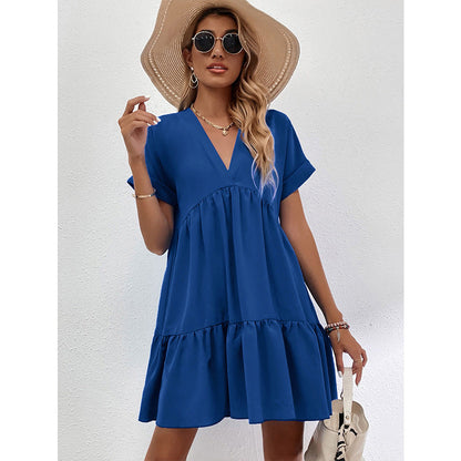 Tiered Babydoll Mini Dress with V-Neck and Short Sleeves