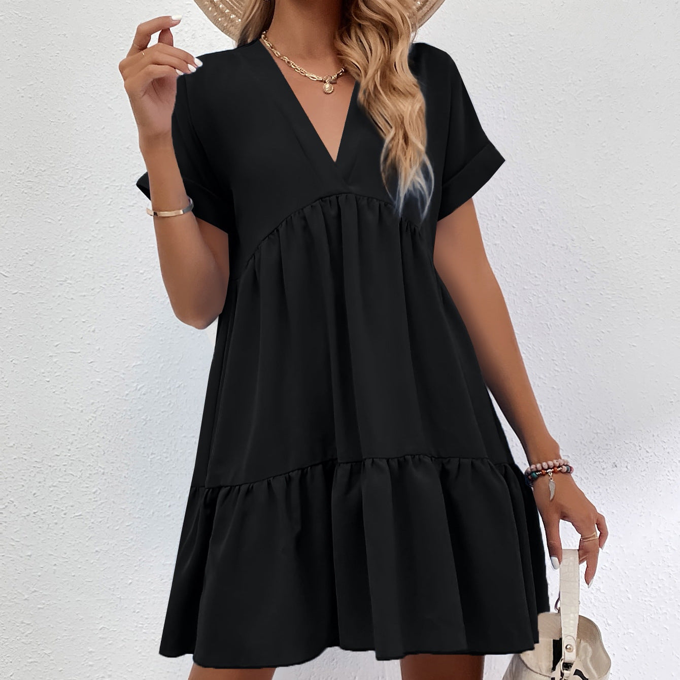 Tiered Babydoll Mini Dress with V-Neck and Short Sleeves