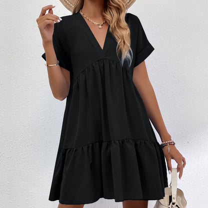 Tiered Babydoll Mini Dress with V-Neck and Short Sleeves