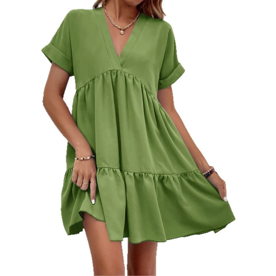 Tiered Babydoll Mini Dress with V-Neck and Short Sleeves