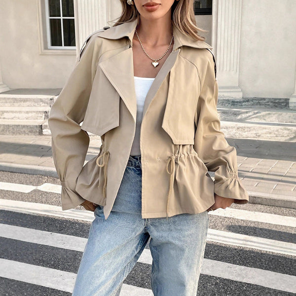 Short Trench Jacket with Drawstring Waist and Flared Cuffs