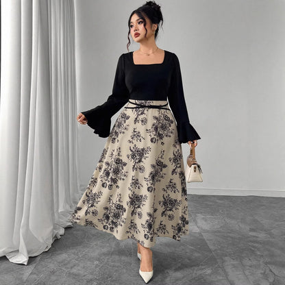 A-Line Floral Print Maxi Dress with Square Neck and Flared Sleeves