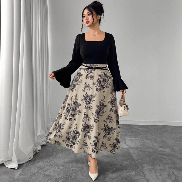 A-Line Floral Print Maxi Dress with Square Neck and Flared Sleeves