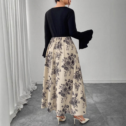 A-Line Floral Print Maxi Dress with Square Neck and Flared Sleeves