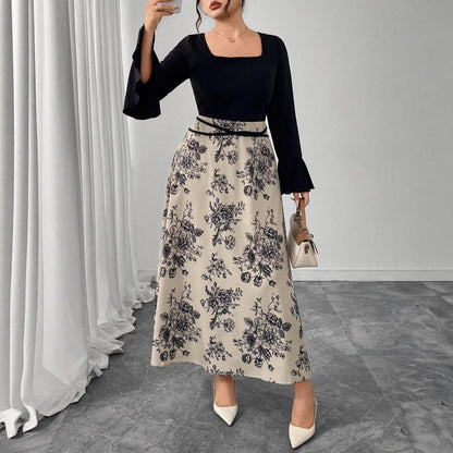 A-Line Floral Print Maxi Dress with Square Neck and Flared Sleeves