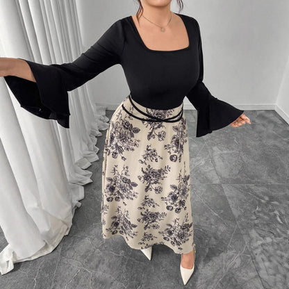A-Line Floral Print Maxi Dress with Square Neck and Flared Sleeves