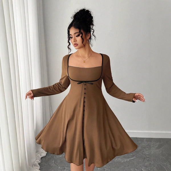 A-Line Umbrella Dress with Square Neck and Bow Detail