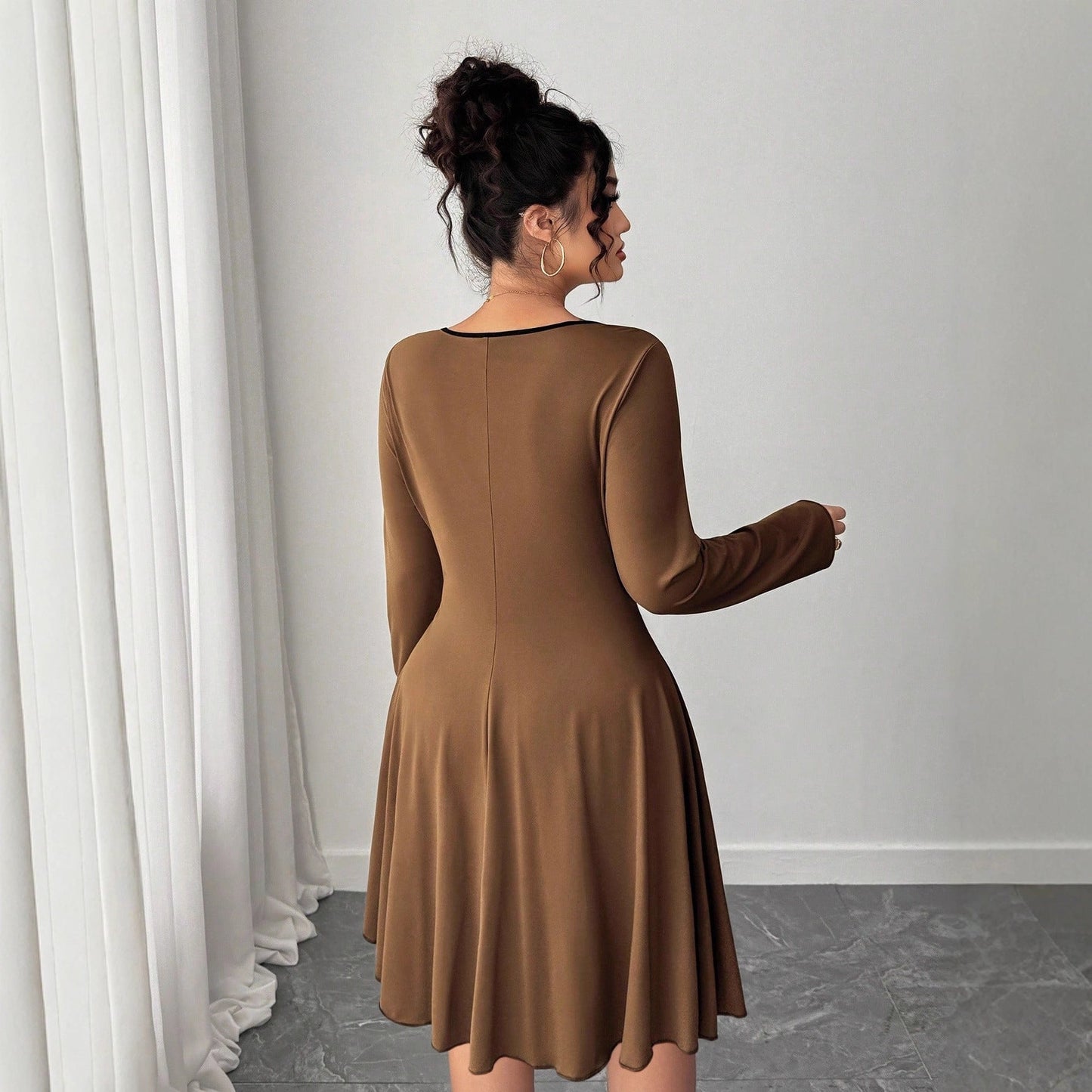 A-Line Umbrella Dress with Square Neck and Bow Detail