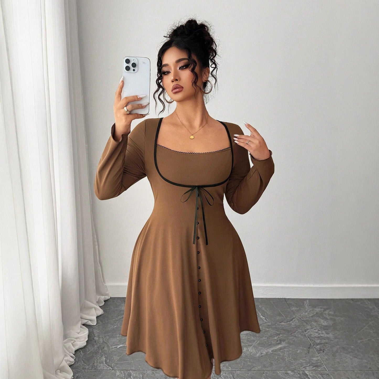 A-Line Umbrella Dress with Square Neck and Bow Detail