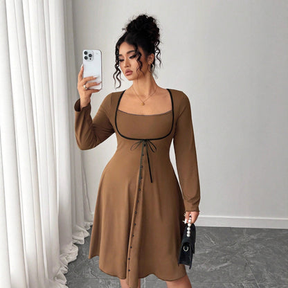 A-Line Umbrella Dress with Square Neck and Bow Detail