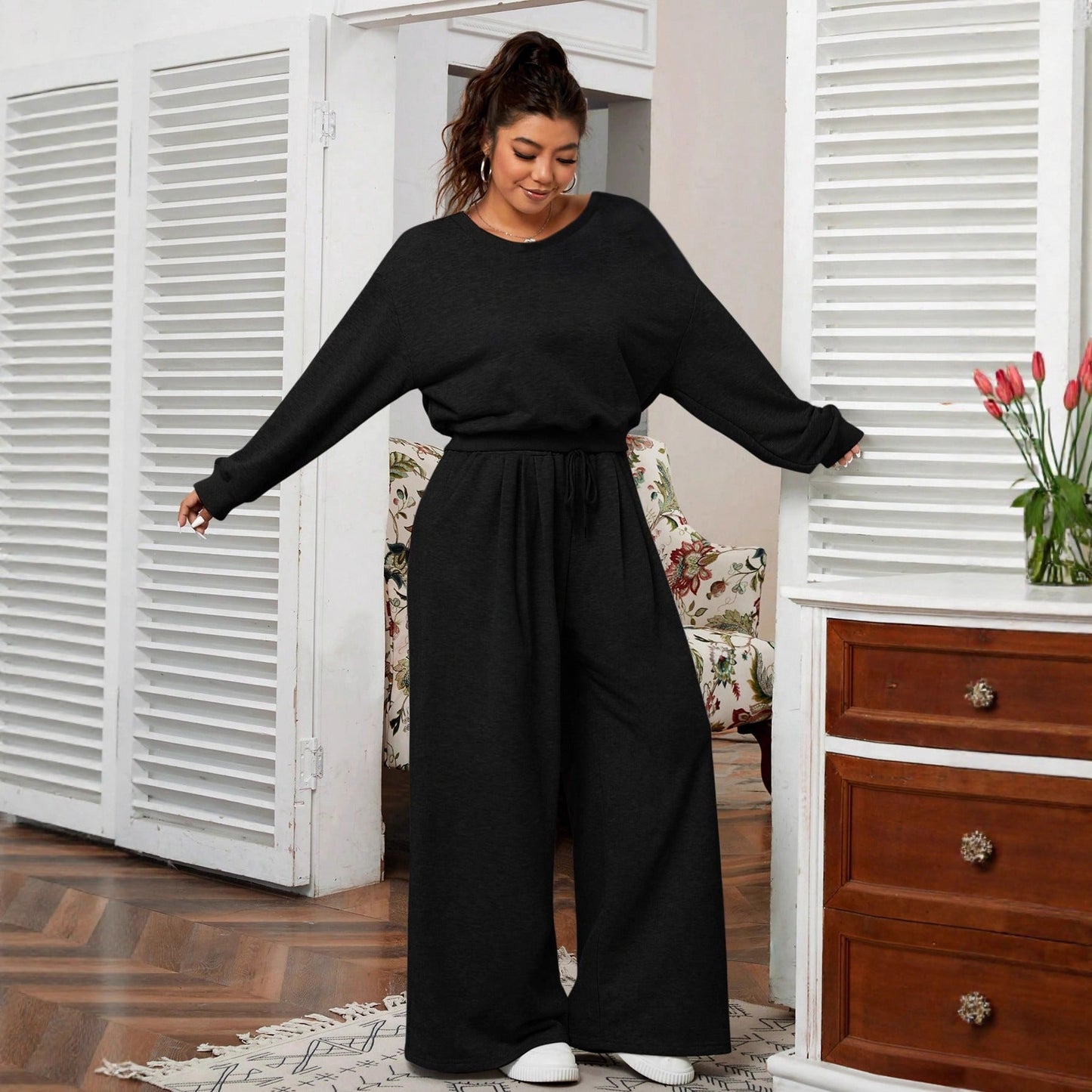 Oversized Sweatshirt and Wide-Leg Pants Set with Drawstring