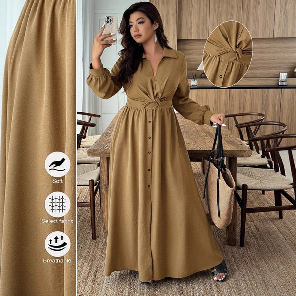 A-Line Maxi Shirt Dress with Twist Front and Button Detail