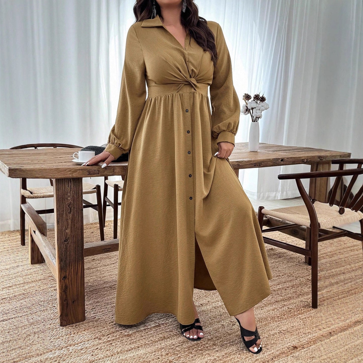 A-Line Maxi Shirt Dress with Twist Front and Button Detail