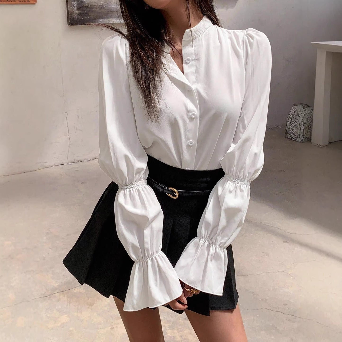 Slim Fit White Blouse with Puff Sleeves and Flared Cuffs