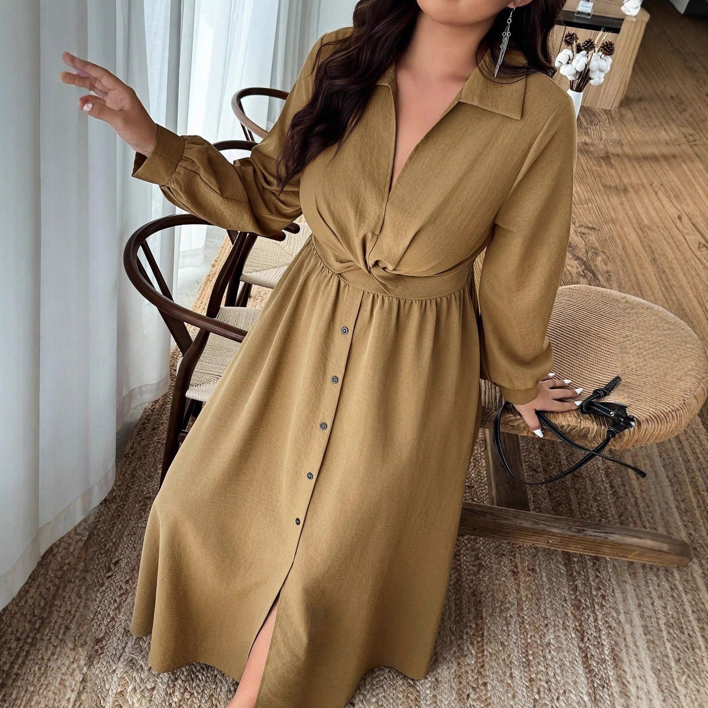 A-Line Maxi Shirt Dress with Twist Front and Button Detail
