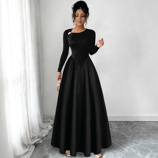 A-Line Maxi Dress with Long Sleeves and Pointed Waistline