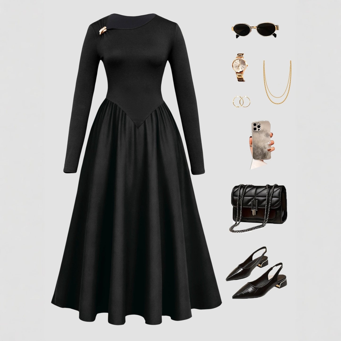 A-Line Maxi Dress with Long Sleeves and Pointed Waistline