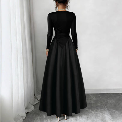 A-Line Maxi Dress with Long Sleeves and Pointed Waistline