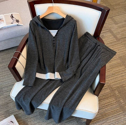 Hooded Button-Up Sweatshirt and Wide-Leg Pants Set