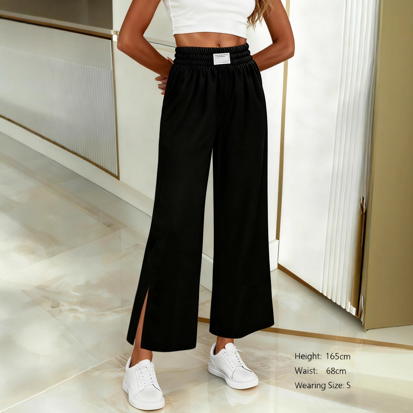 High-Waisted Wide-Leg Pants with Side Slits and Pockets
