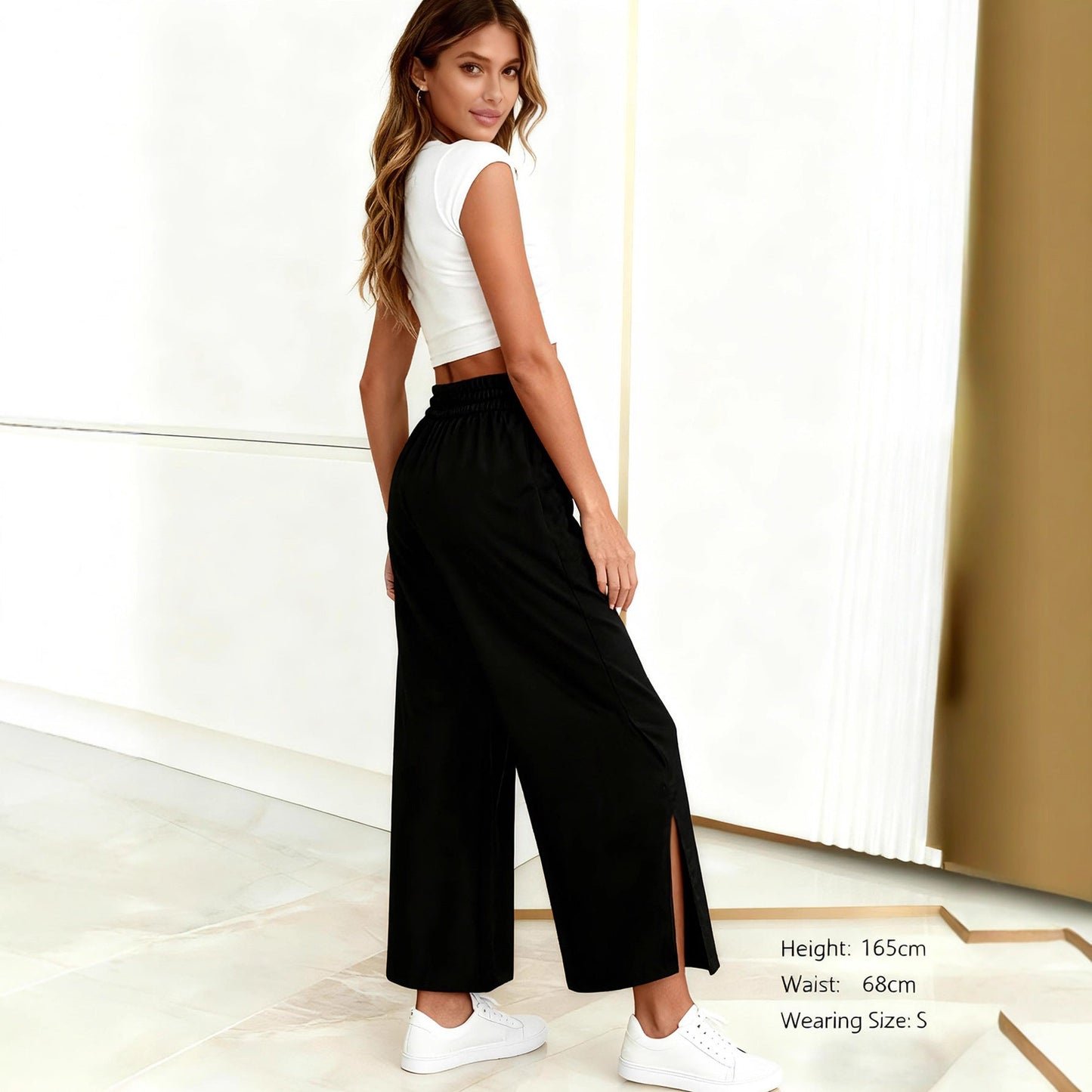 High-Waisted Wide-Leg Pants with Side Slits and Pockets