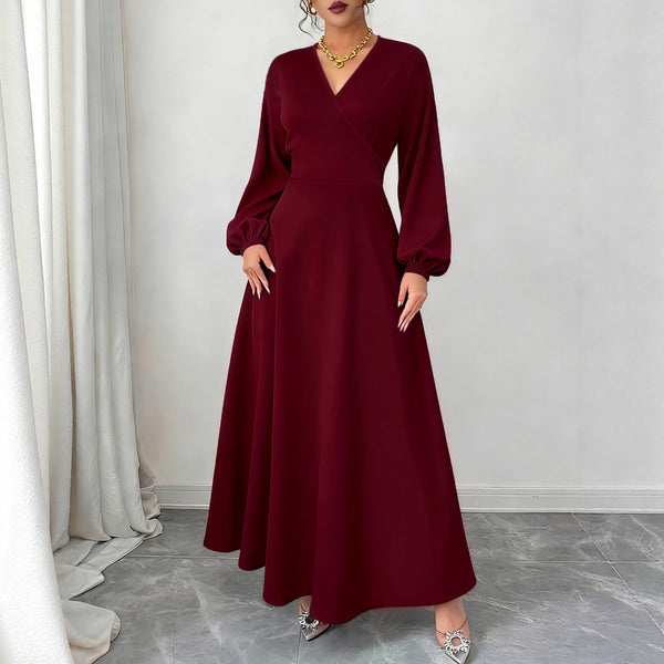 A-Line Maxi Dress with V-Neck and Lantern Sleeves