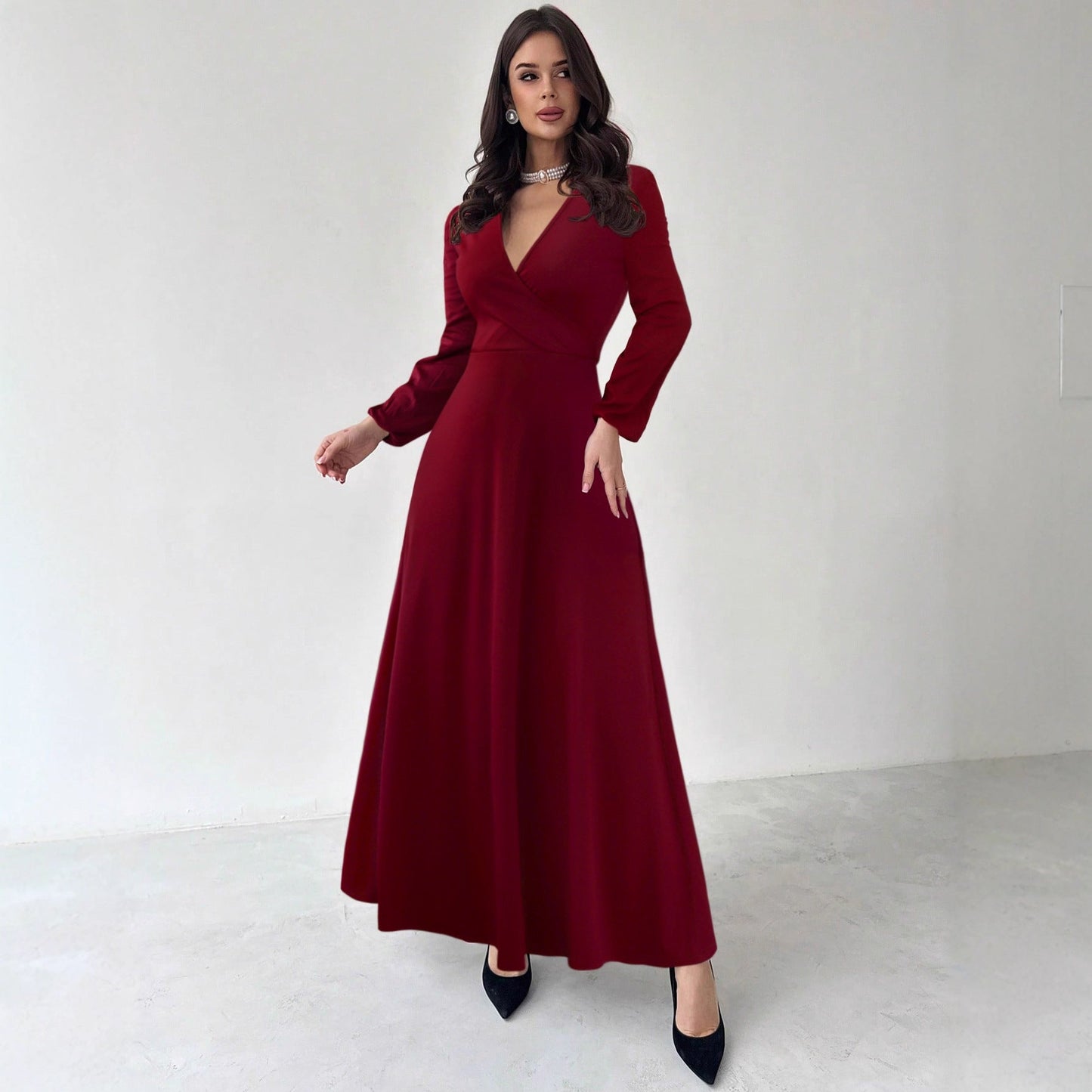 A-Line Maxi Dress with V-Neck and Lantern Sleeves